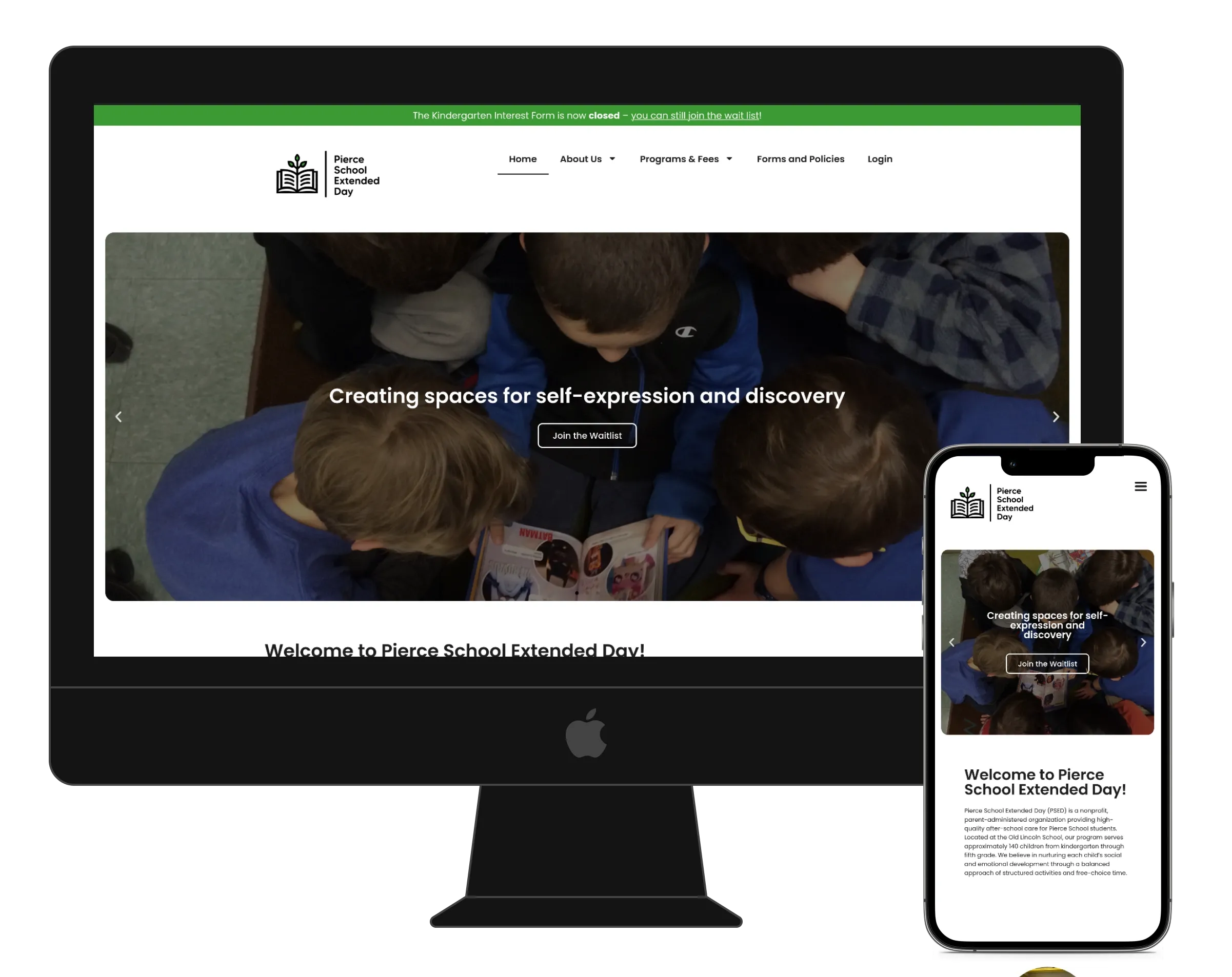 Pierce School Extended Day website on desktop and phone